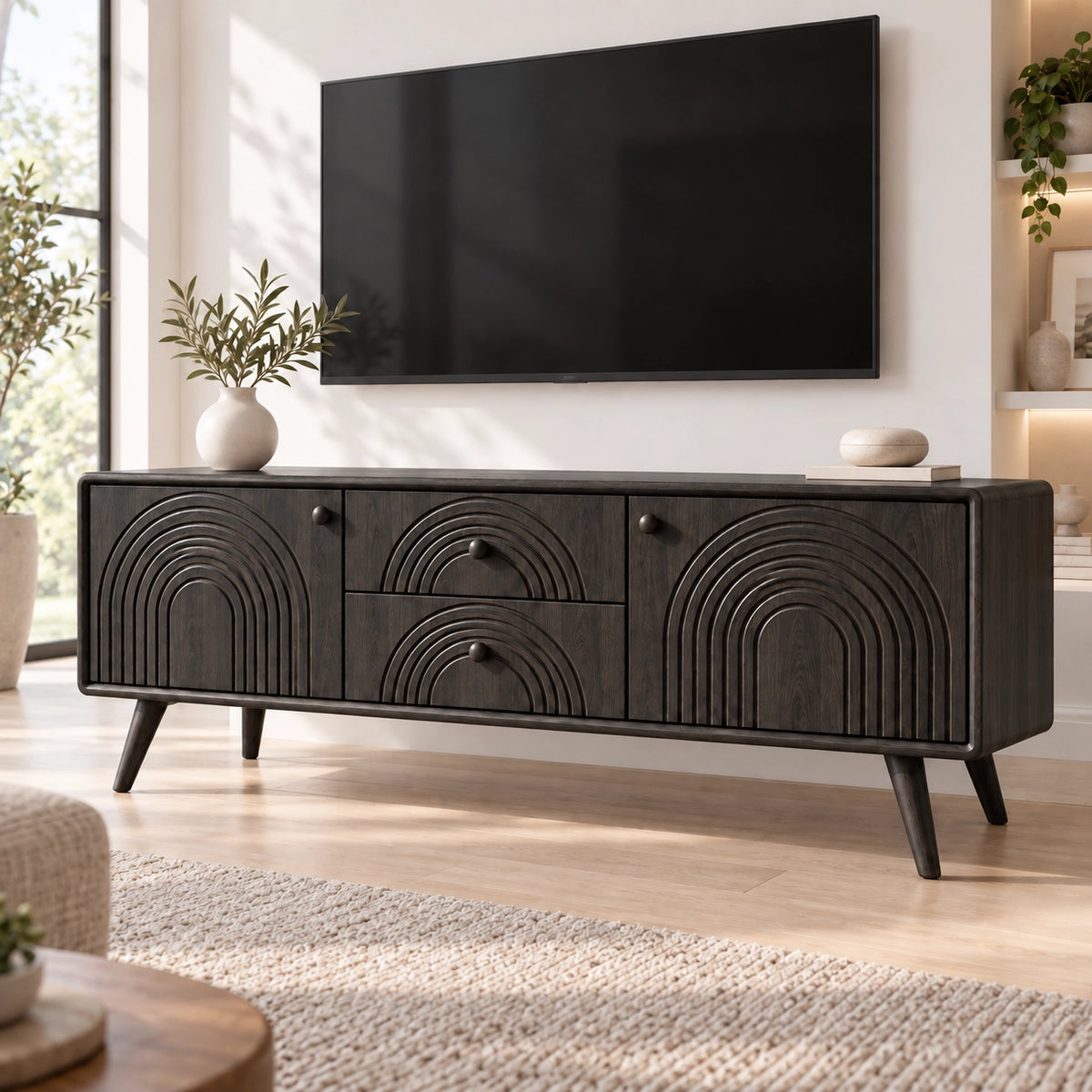 TV Stand with Arched Carved Doors in Natural Solid Wood for Living - Rustiracraft - 7
