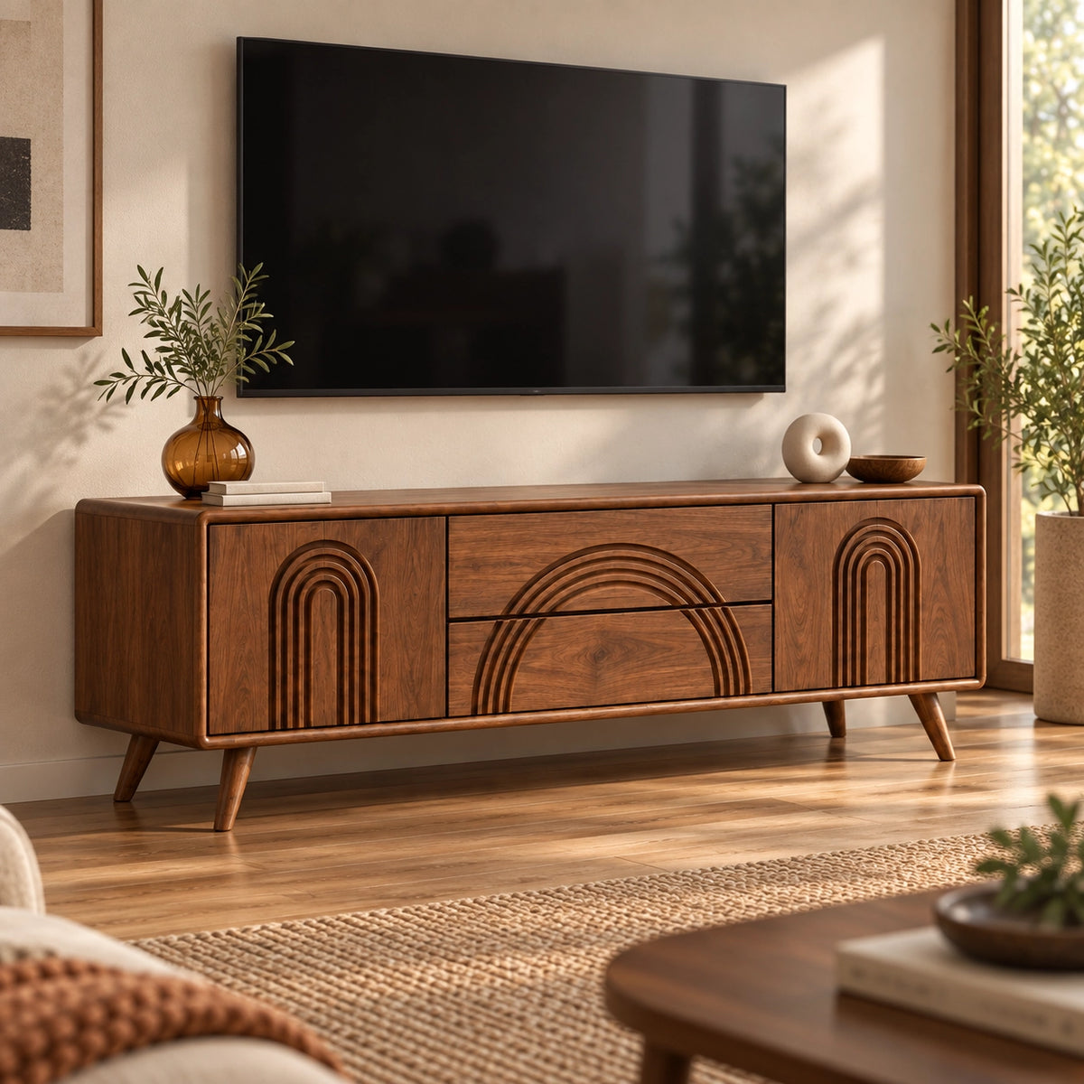 TV Stand with Arched Relief Carving in Natural Solid Wood for Living - Rustiracraft - 1