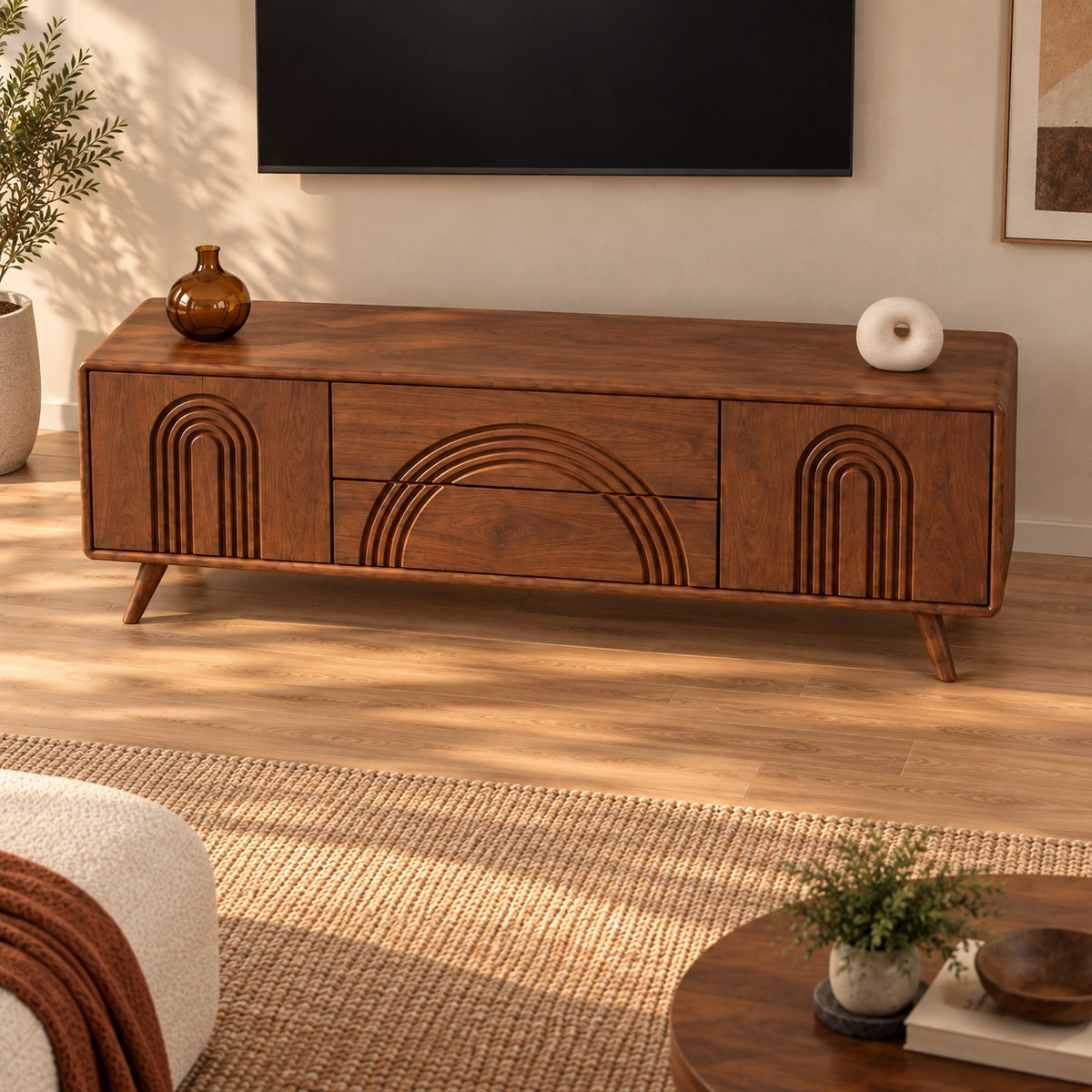 TV Stand with Arched Relief Carving in Natural Solid Wood for Living - Rustiracraft - 5