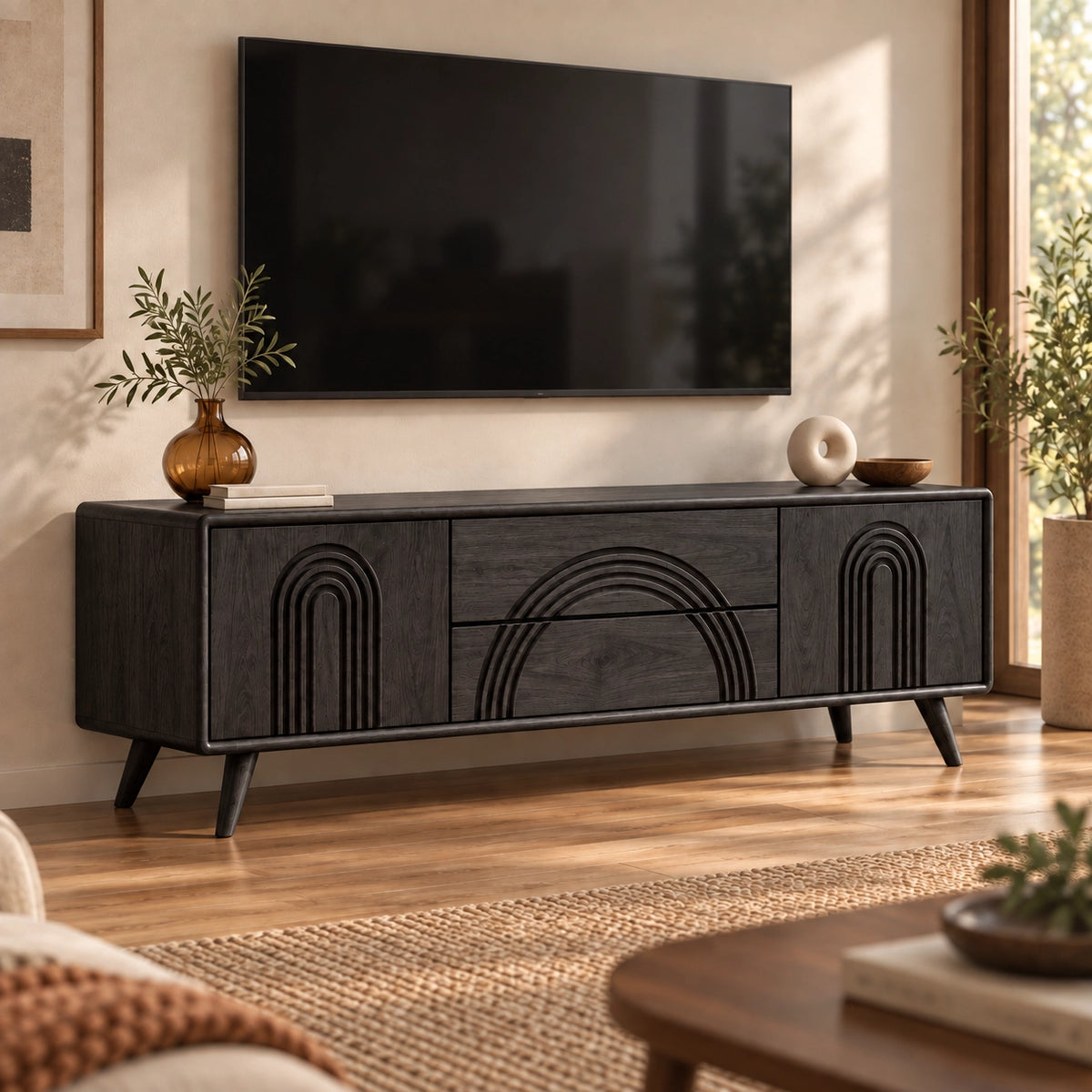 TV Stand with Arched Relief Carving in Natural Solid Wood for Living - Rustiracraft - 8