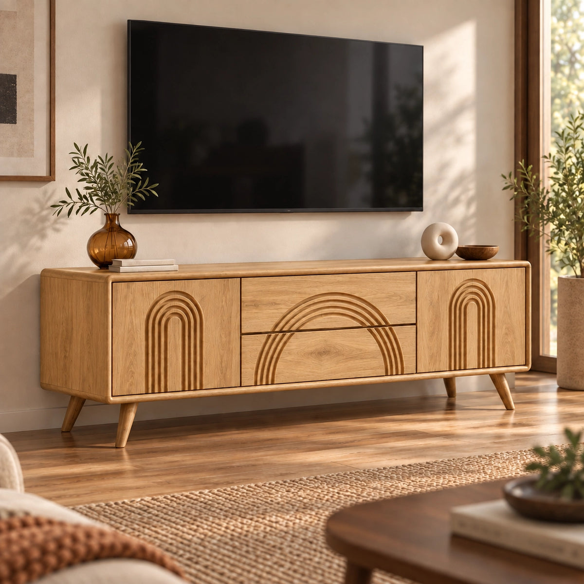 TV Stand with Arched Relief Carving in Natural Solid Wood for Living - Rustiracraft - 9