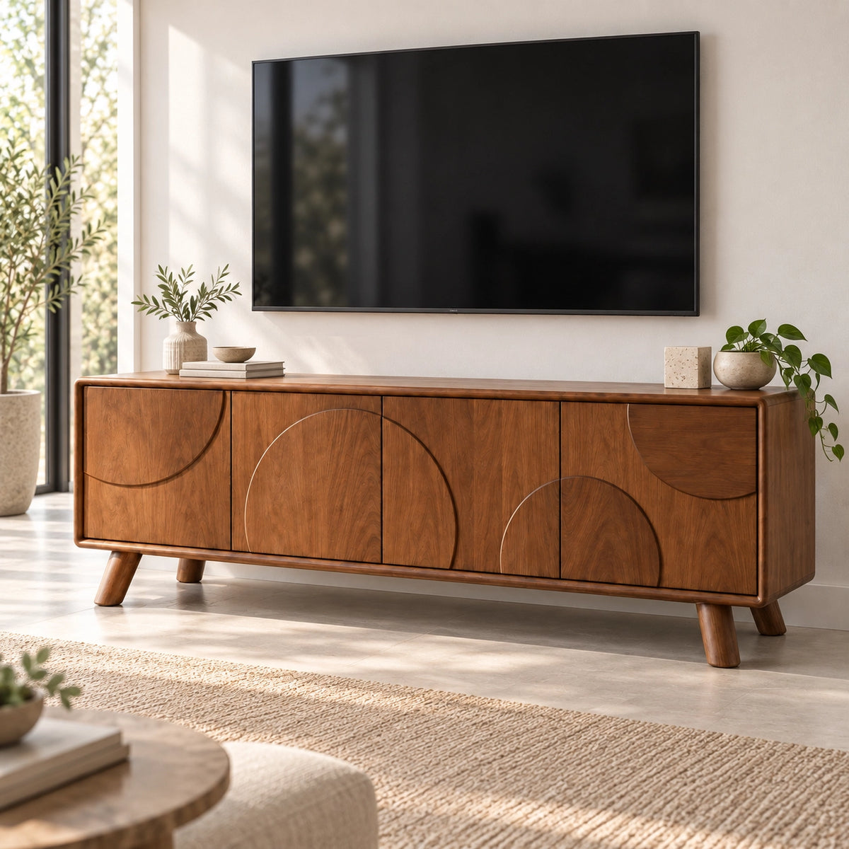TV Stand with Biomorphic Cabinet Doors in Natural Solid Wood for Six Sizes - Rustiracraft - 1