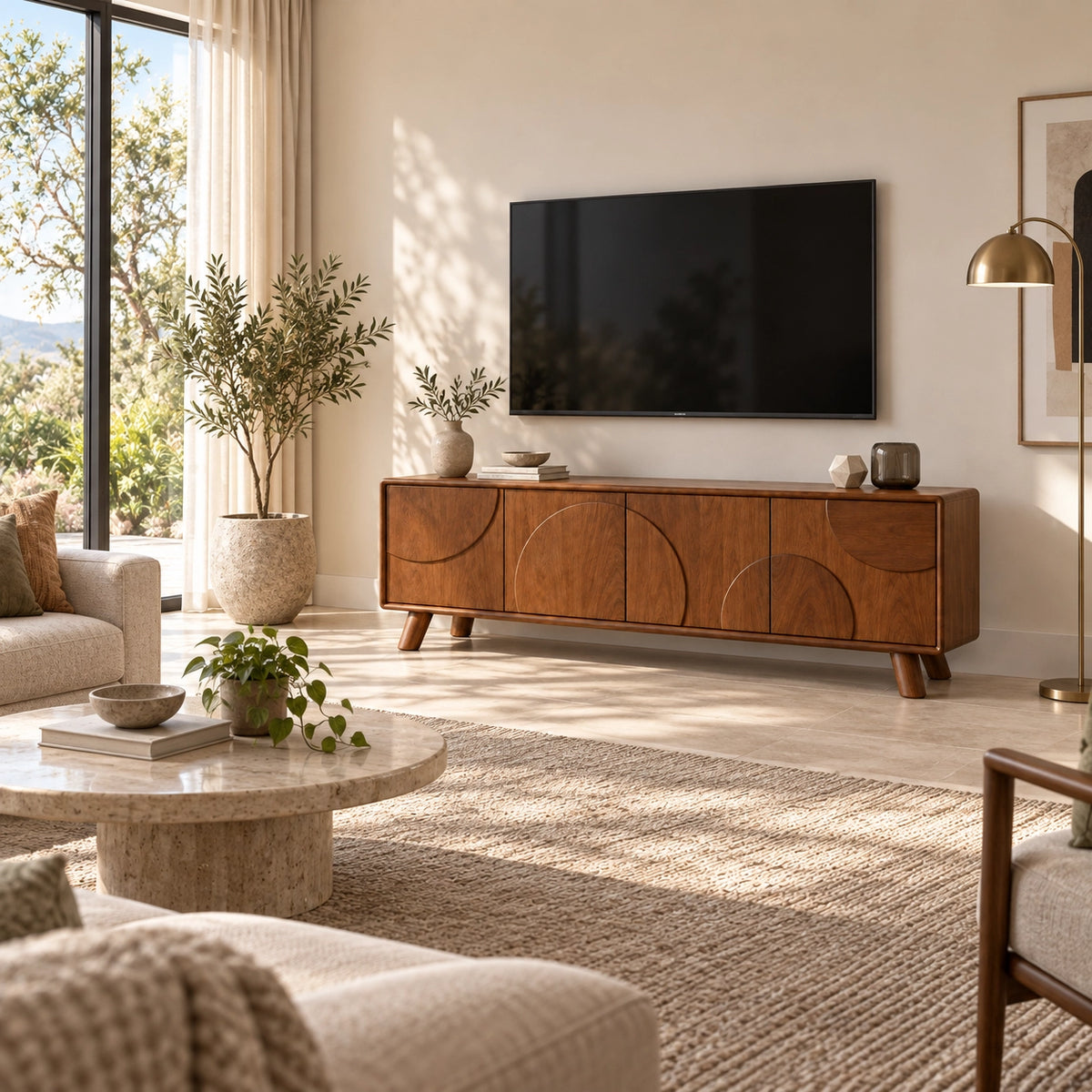 TV Stand with Biomorphic Cabinet Doors in Natural Solid Wood for Six Sizes - Rustiracraft - 2