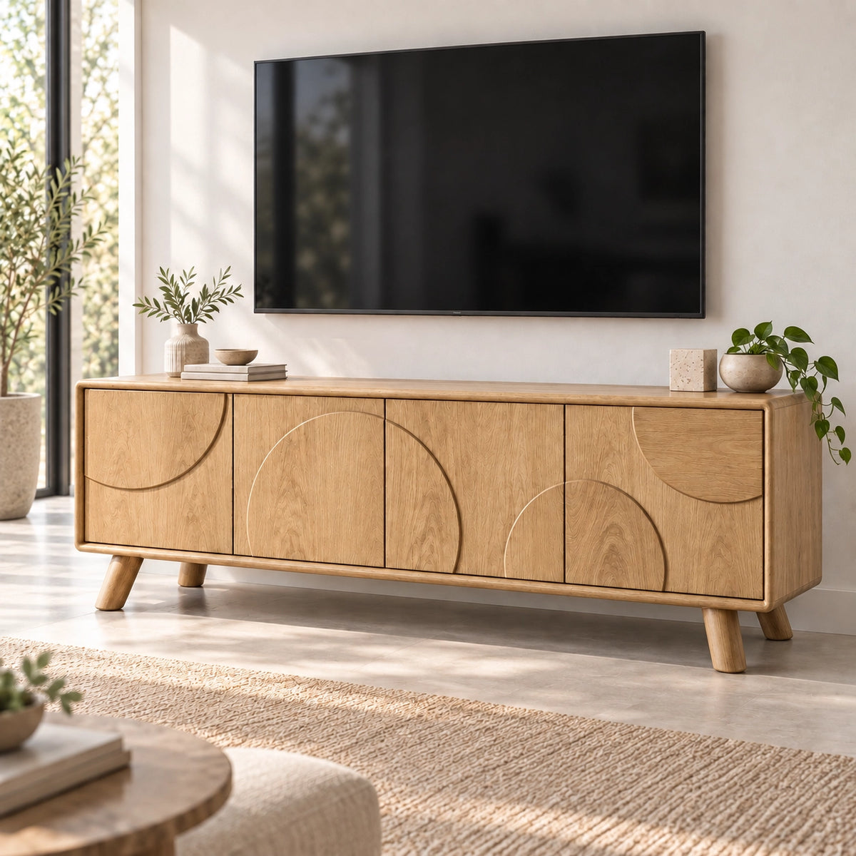 TV Stand with Biomorphic Cabinet Doors in Natural Solid Wood for Six Sizes - Rustiracraft - 9