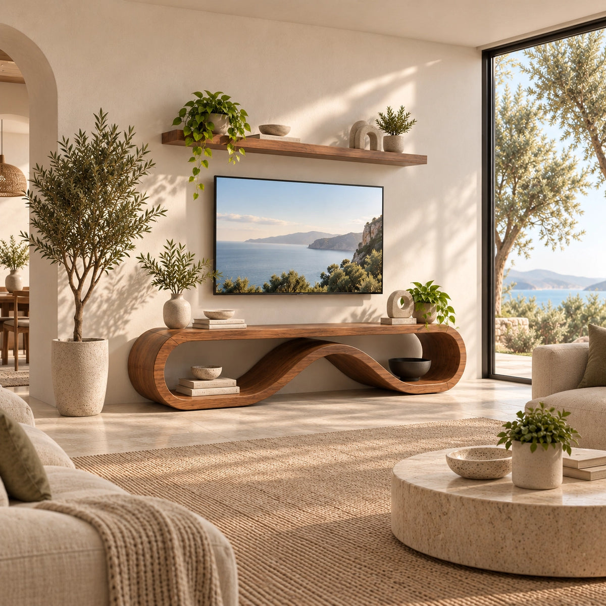 TV Stand with Biomorphic Curved Openings in Natural Solid Wood for Living - Rustiracraft - 2