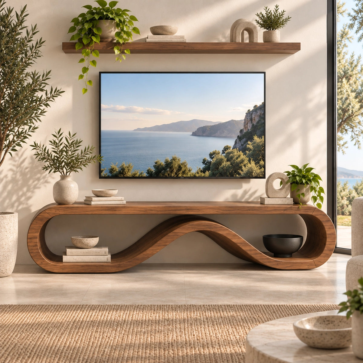 TV Stand with Biomorphic Curved Openings in Natural Solid Wood for Living - Rustiracraft - 3