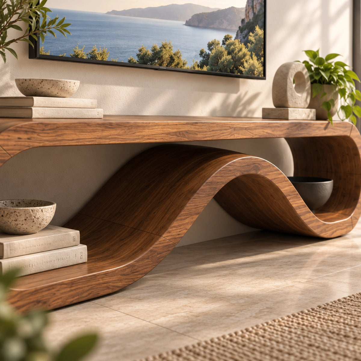 TV Stand with Biomorphic Curved Openings in Natural Solid Wood for Living - Rustiracraft - 5