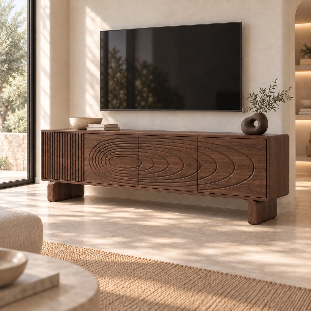 TV Stand with Concentric Carved Design in Natural Solid Wood for Six Sizes - Rustiracraft - 10