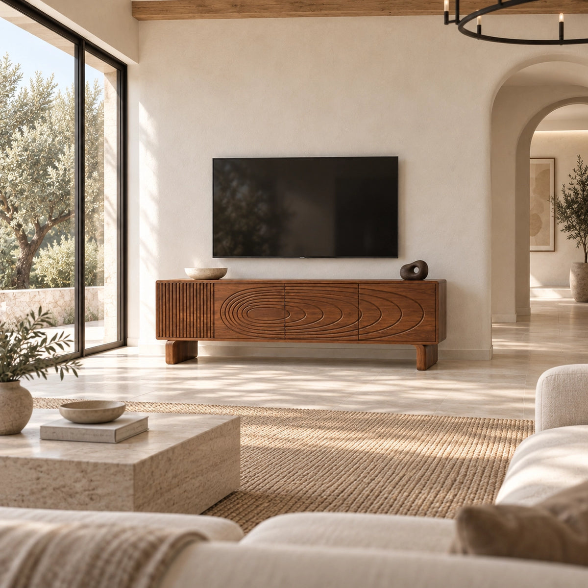 TV Stand with Concentric Carved Design in Natural Solid Wood for Six Sizes - Rustiracraft - 2