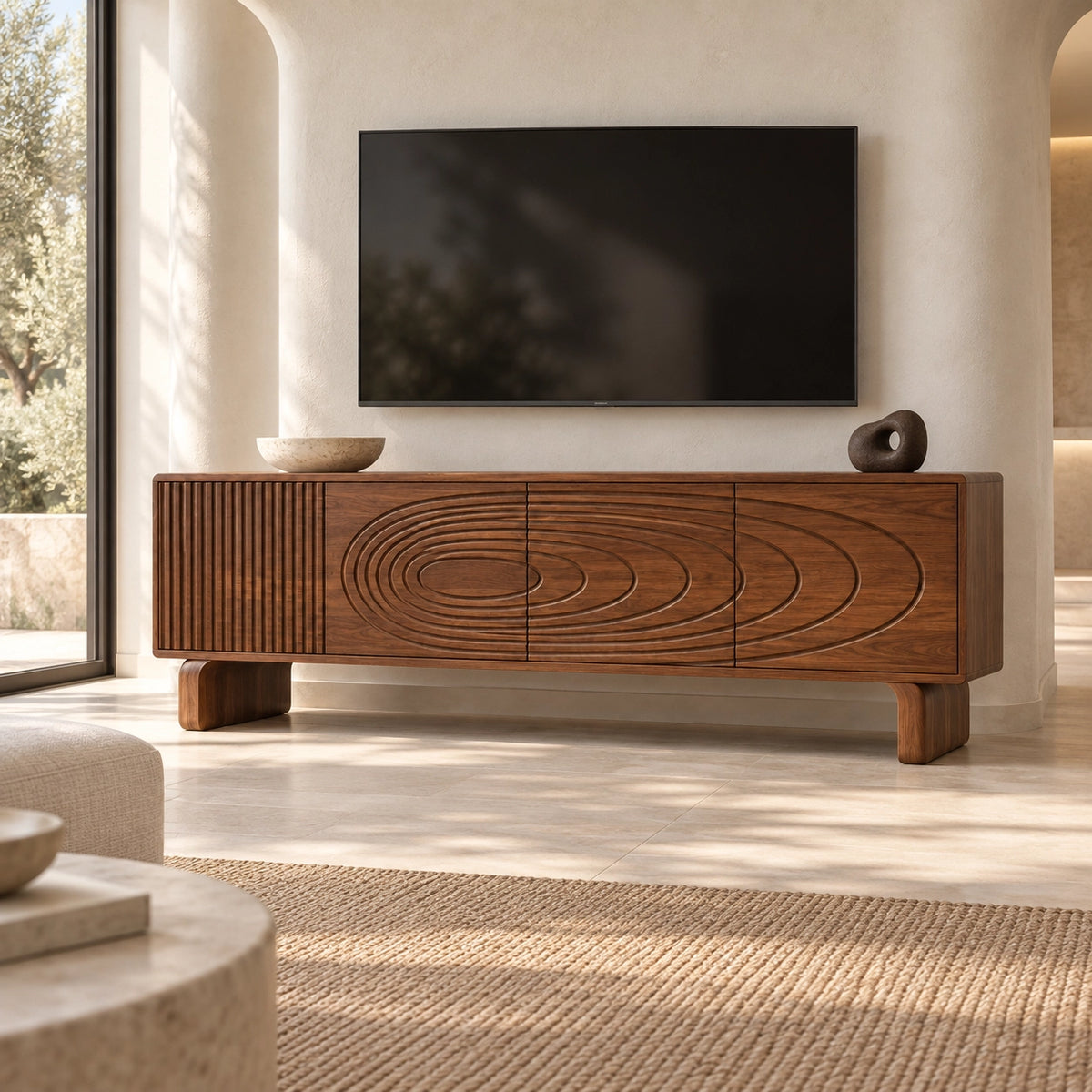 TV Stand with Concentric Carved Design in Natural Solid Wood for Six Sizes - Rustiracraft - 3