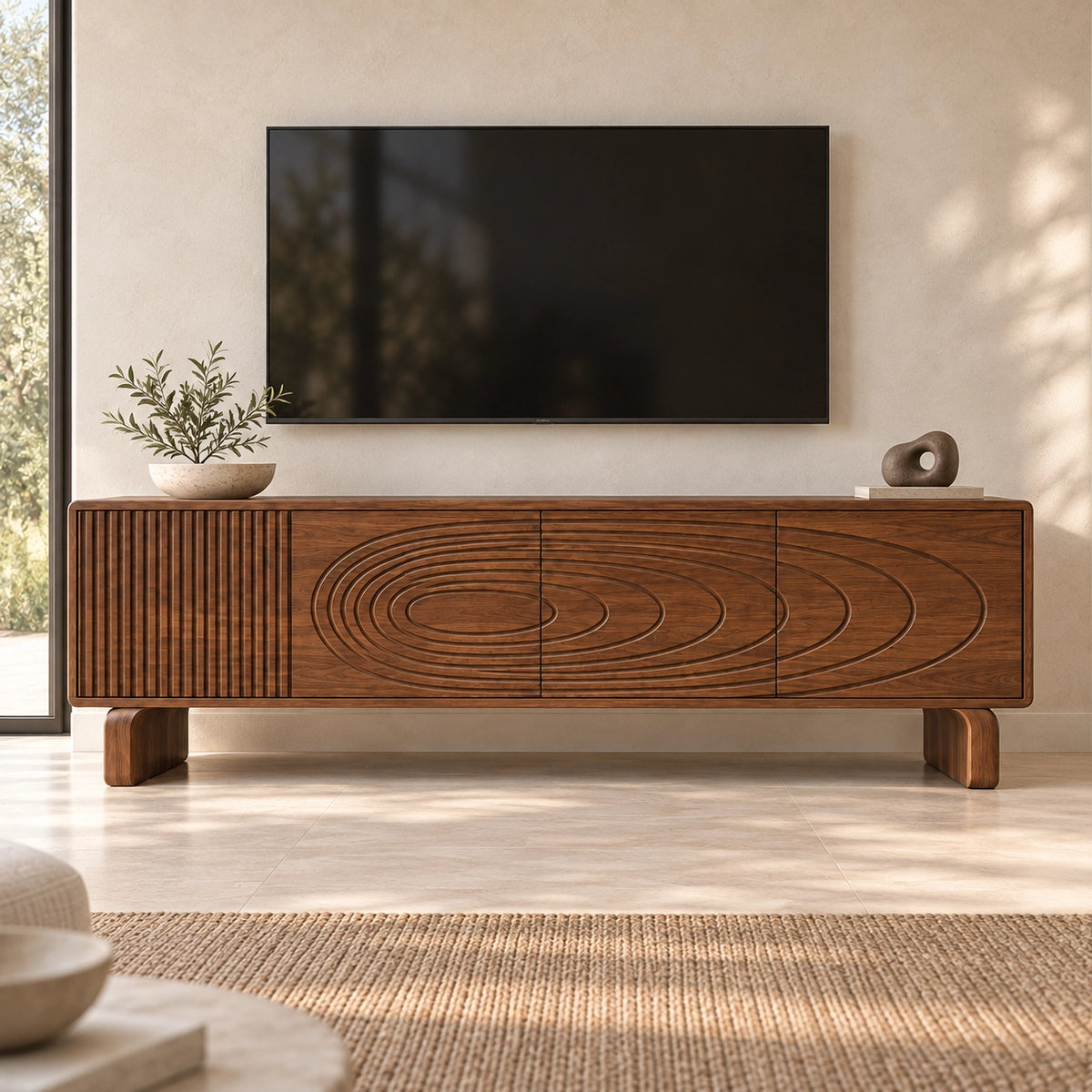 TV Stand with Concentric Carved Design in Natural Solid Wood for Six Sizes - Rustiracraft - 4