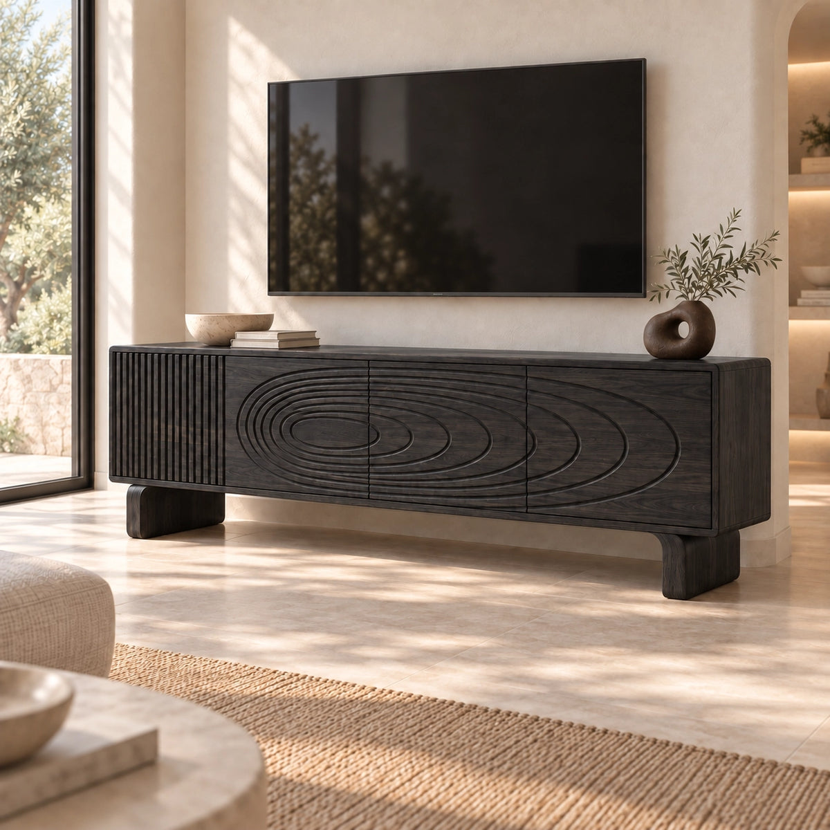 TV Stand with Concentric Carved Design in Natural Solid Wood for Six Sizes - Rustiracraft - 8