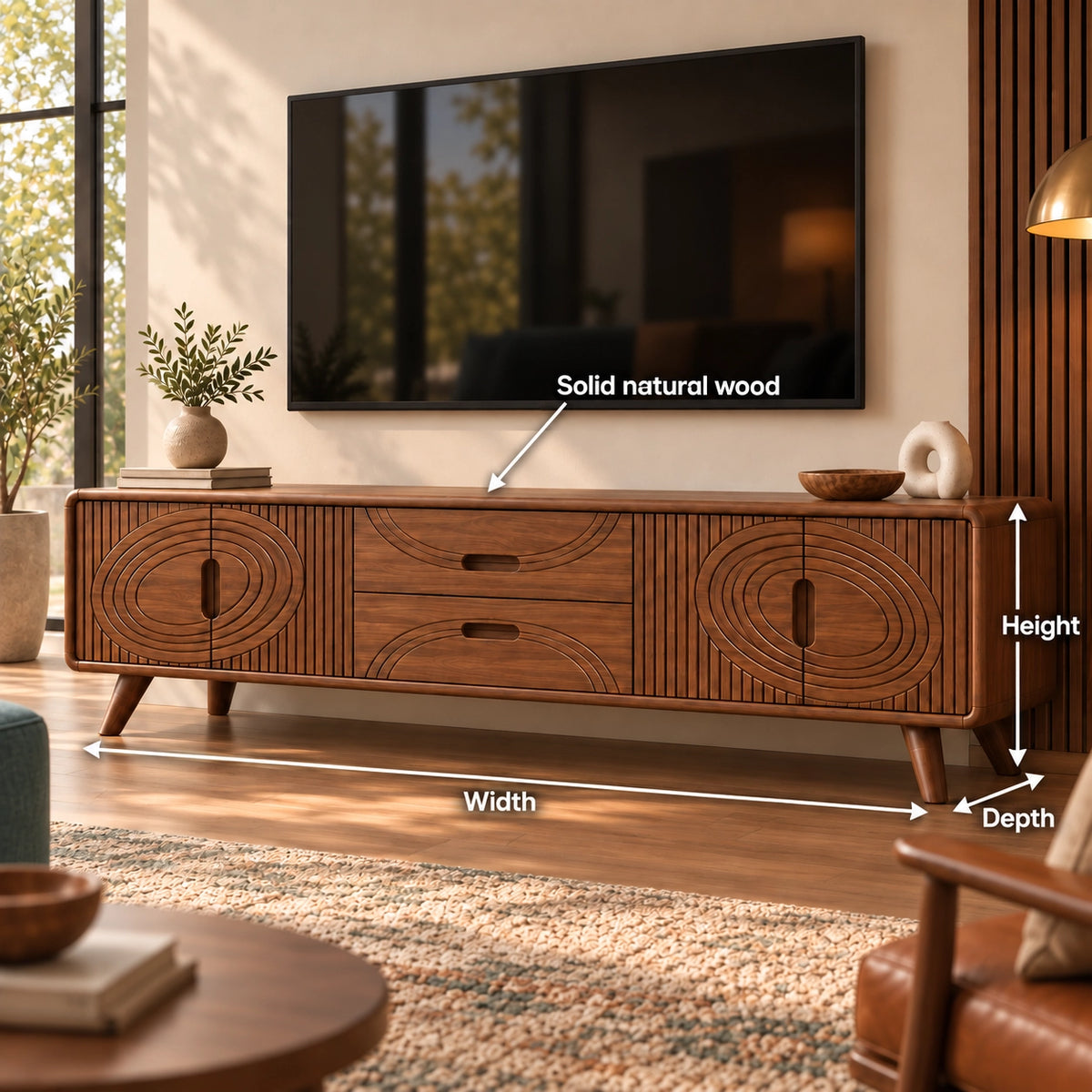 TV Stand with Concentric Carved Doors and Drawers in Natural Solid Wood - Rustiracraft - 6