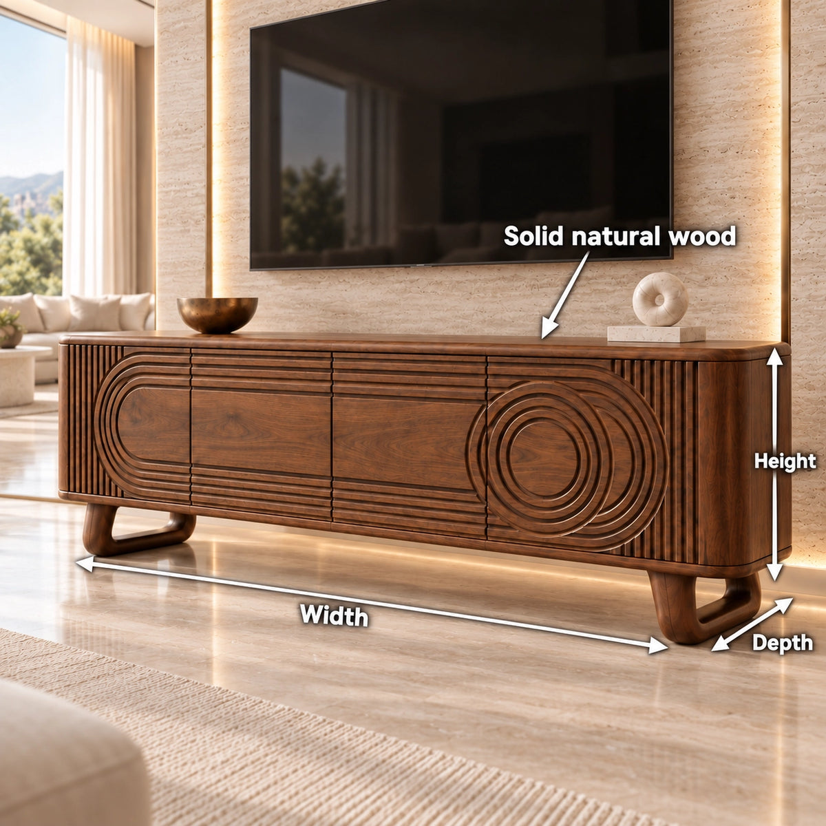 TV Stand with Concentric Carved Doors in Natural Solid Wood for Living - Rustiracraft - 6