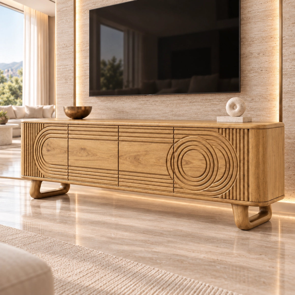 TV Stand with Concentric Carved Doors in Natural Solid Wood for Living - Rustiracraft - 8