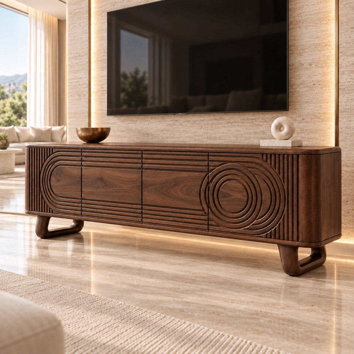 TV Stand with Concentric Carved Doors in Natural Solid Wood for Living - Rustiracraft - 9