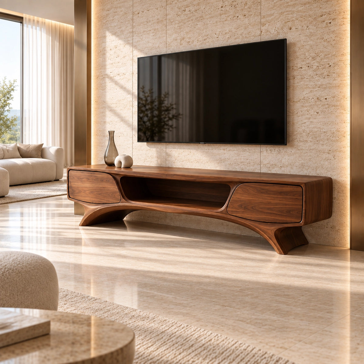 TV Stand with Curved Legs and Open Storage in Natural Solid Woods - Rustiracraft - 1