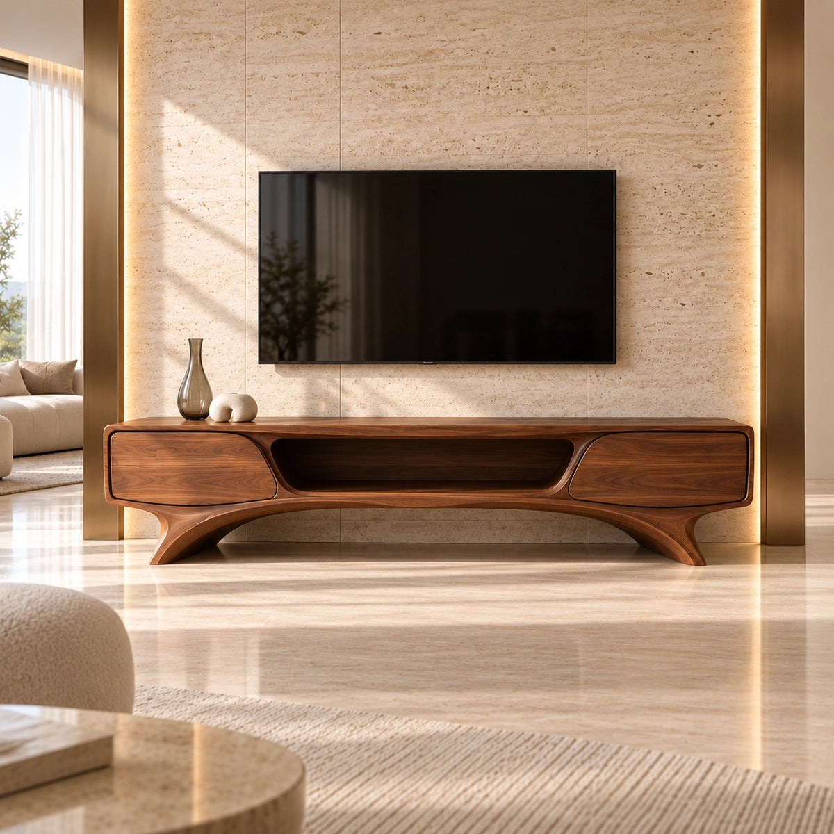 TV Stand with Curved Legs and Open Storage in Natural Solid Woods - Rustiracraft - 3