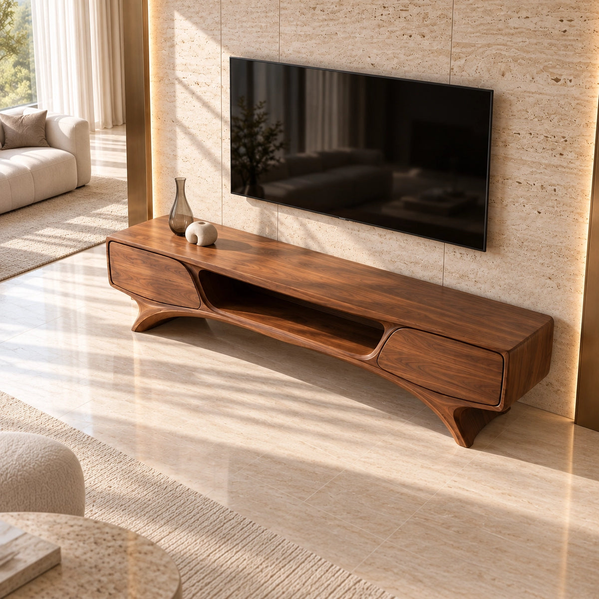 TV Stand with Curved Legs and Open Storage in Natural Solid Woods - Rustiracraft - 4