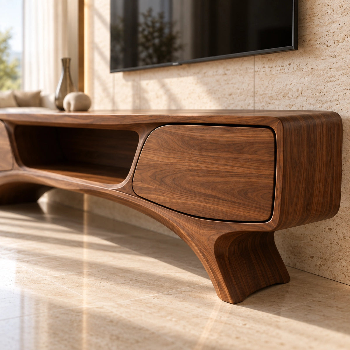 TV Stand with Curved Legs and Open Storage in Natural Solid Woods - Rustiracraft - 5