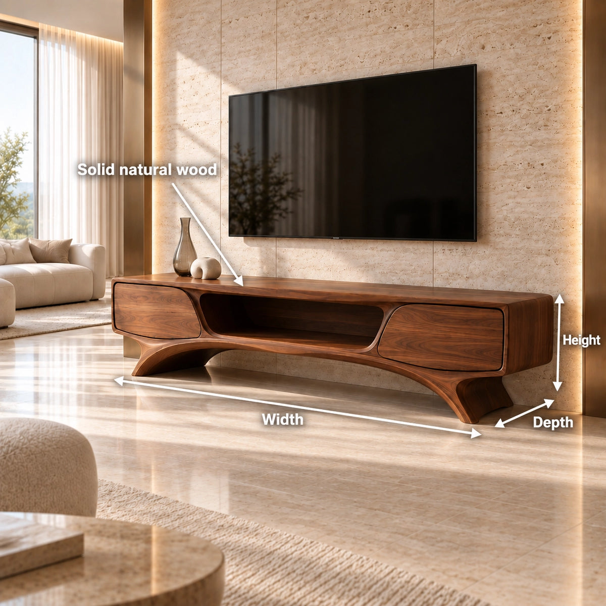 TV Stand with Curved Legs and Open Storage in Natural Solid Woods - Rustiracraft - 6