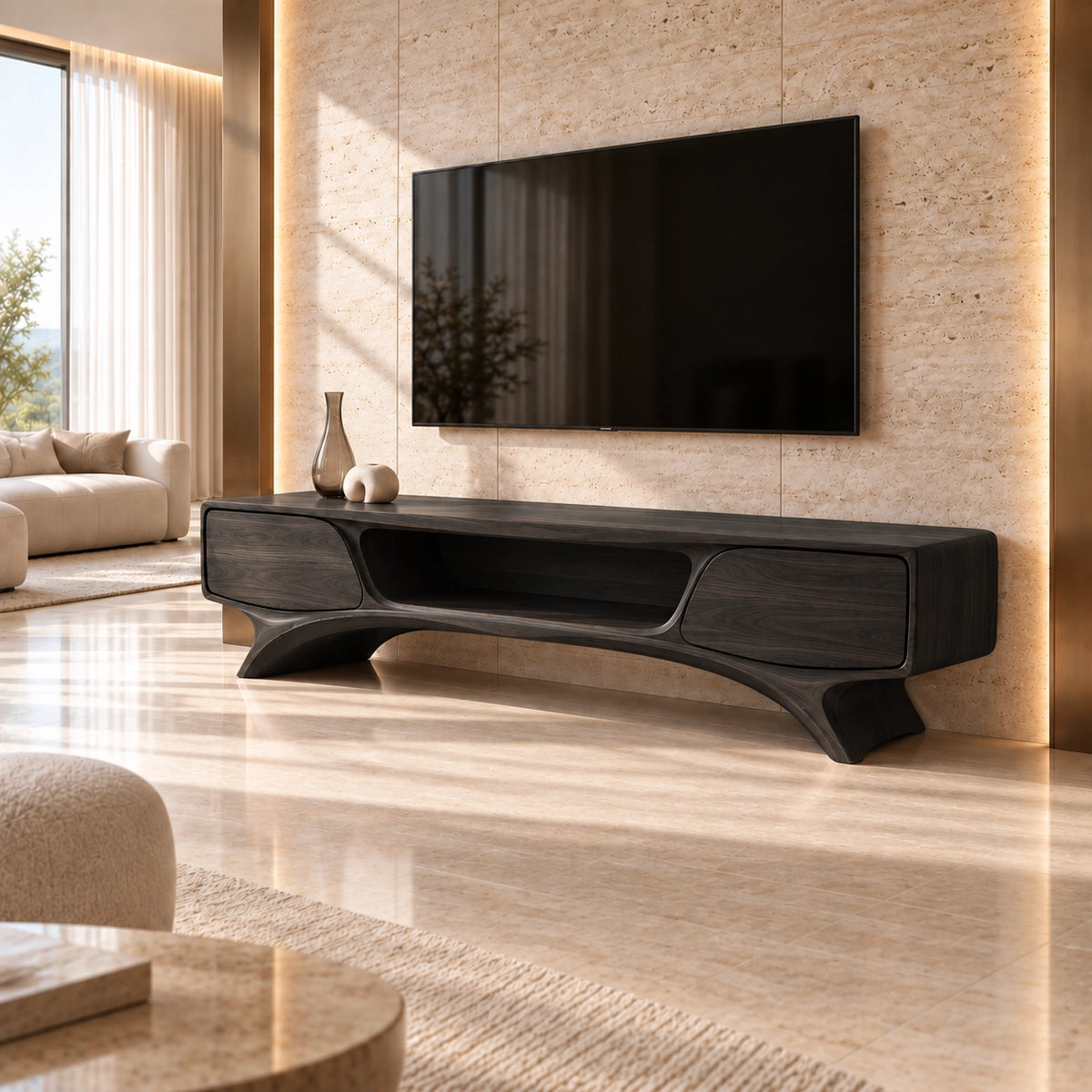 TV Stand with Curved Legs and Open Storage in Natural Solid Woods - Rustiracraft - 7