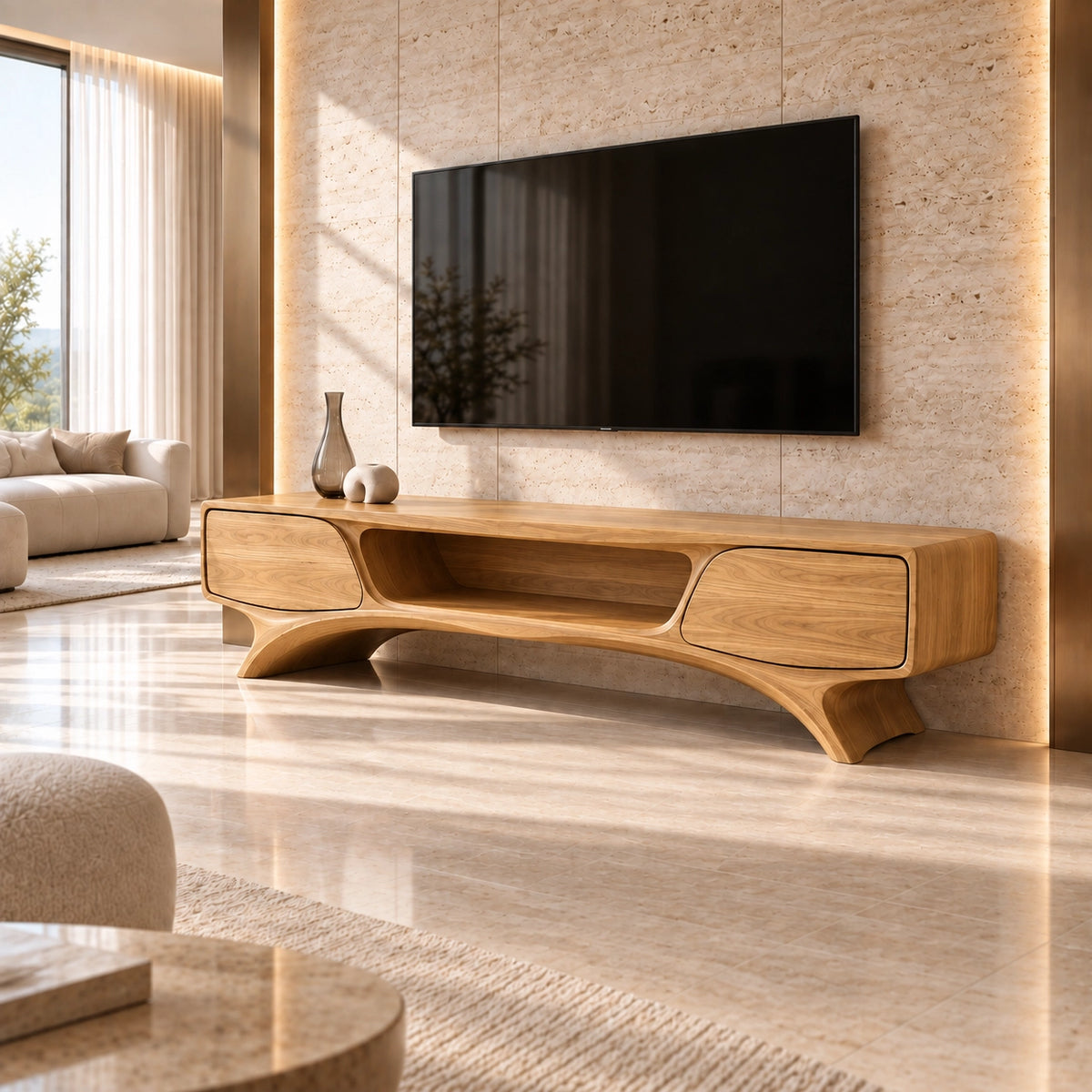 TV Stand with Curved Legs and Open Storage in Natural Solid Woods - Rustiracraft - 8