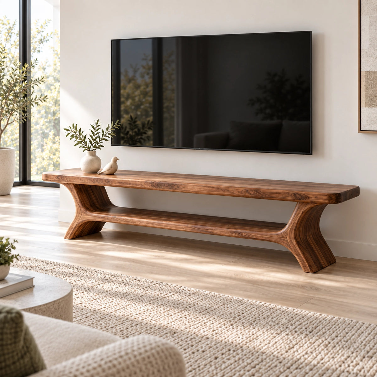 TV Stand with Curved Solid Wood Base in Natural Solid Wood for Living - Rustiracraft - 1