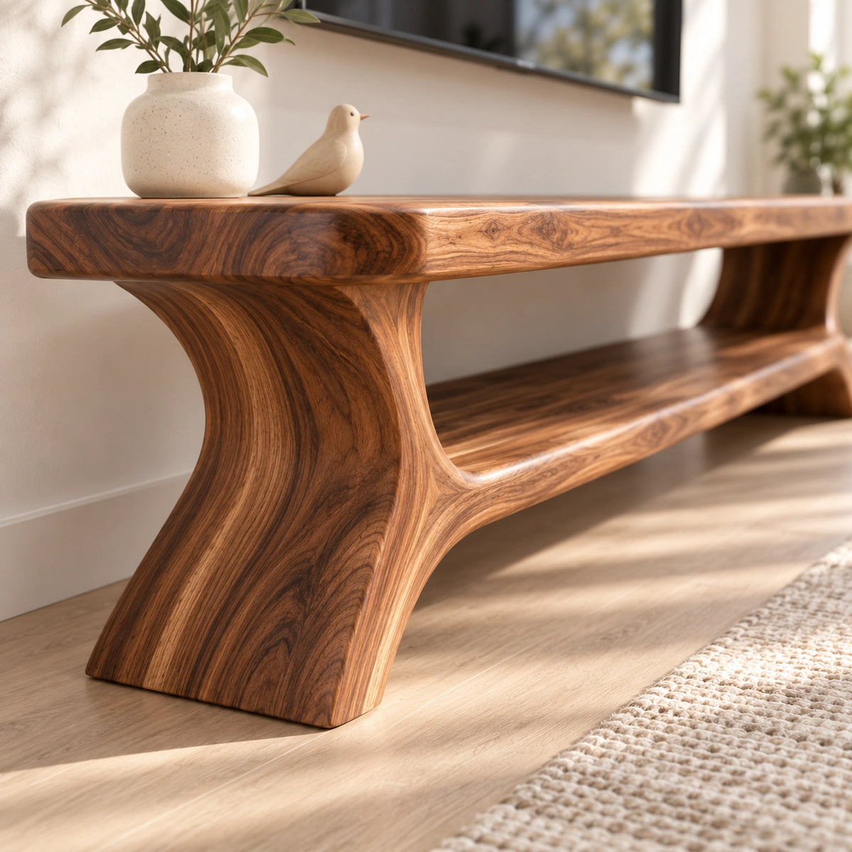 TV Stand with Curved Solid Wood Base in Natural Solid Wood for Living - Rustiracraft - 5