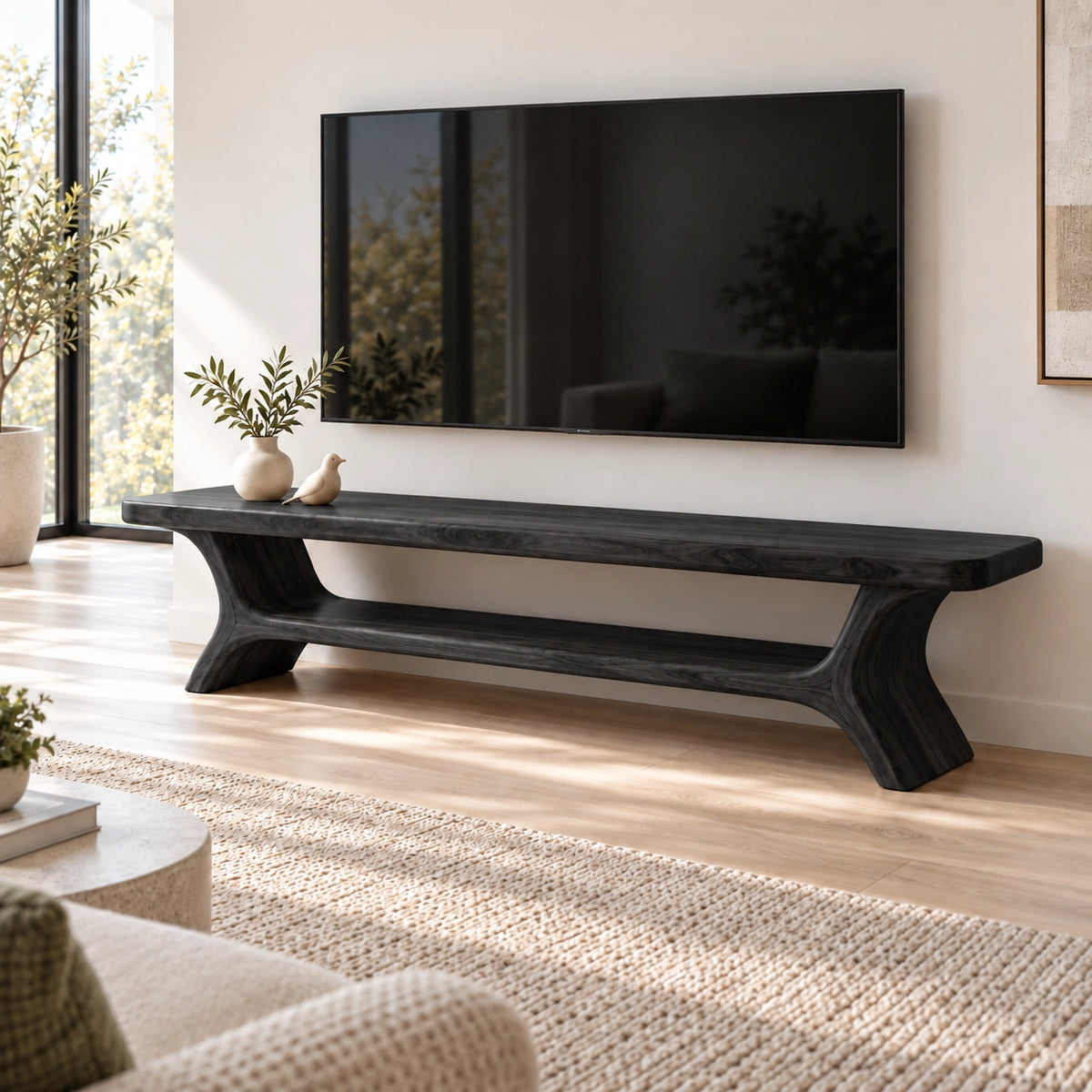 TV Stand with Curved Solid Wood Base in Natural Solid Wood for Living - Rustiracraft - 7