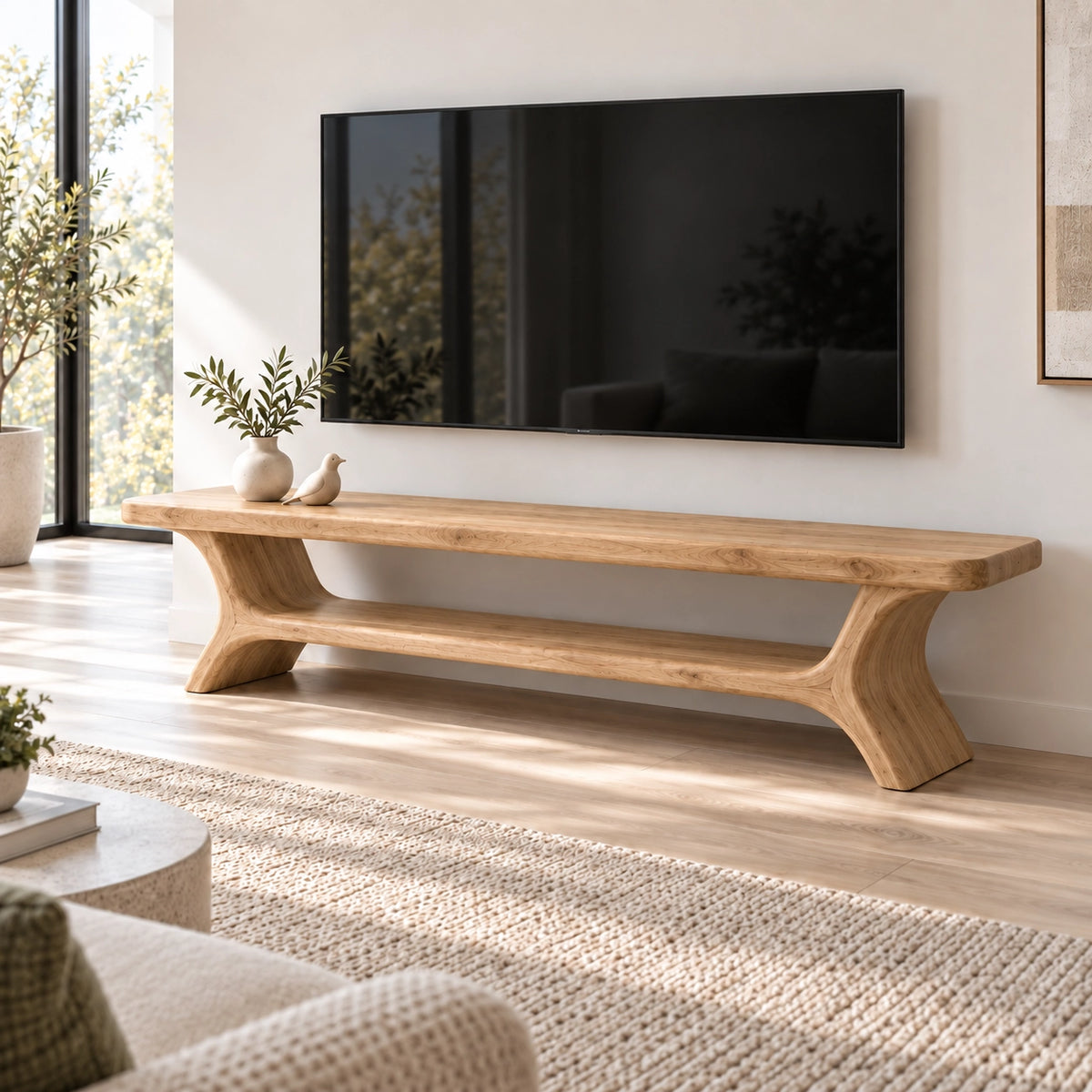 TV Stand with Curved Solid Wood Base in Natural Solid Wood for Living - Rustiracraft - 8
