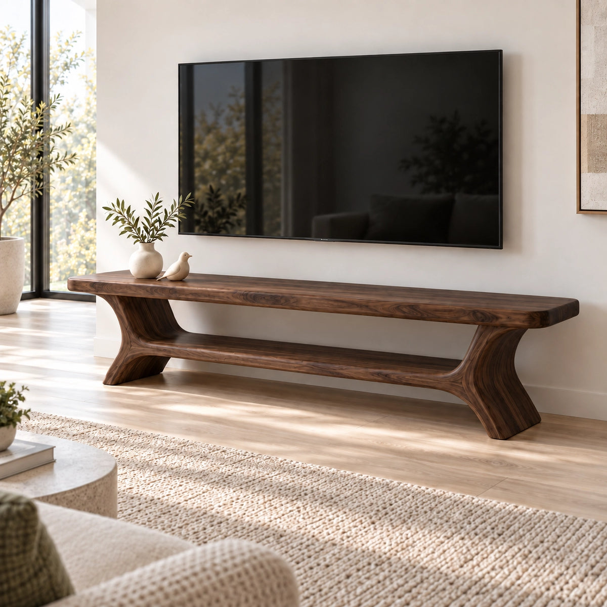 TV Stand with Curved Solid Wood Base in Natural Solid Wood for Living - Rustiracraft - 9
