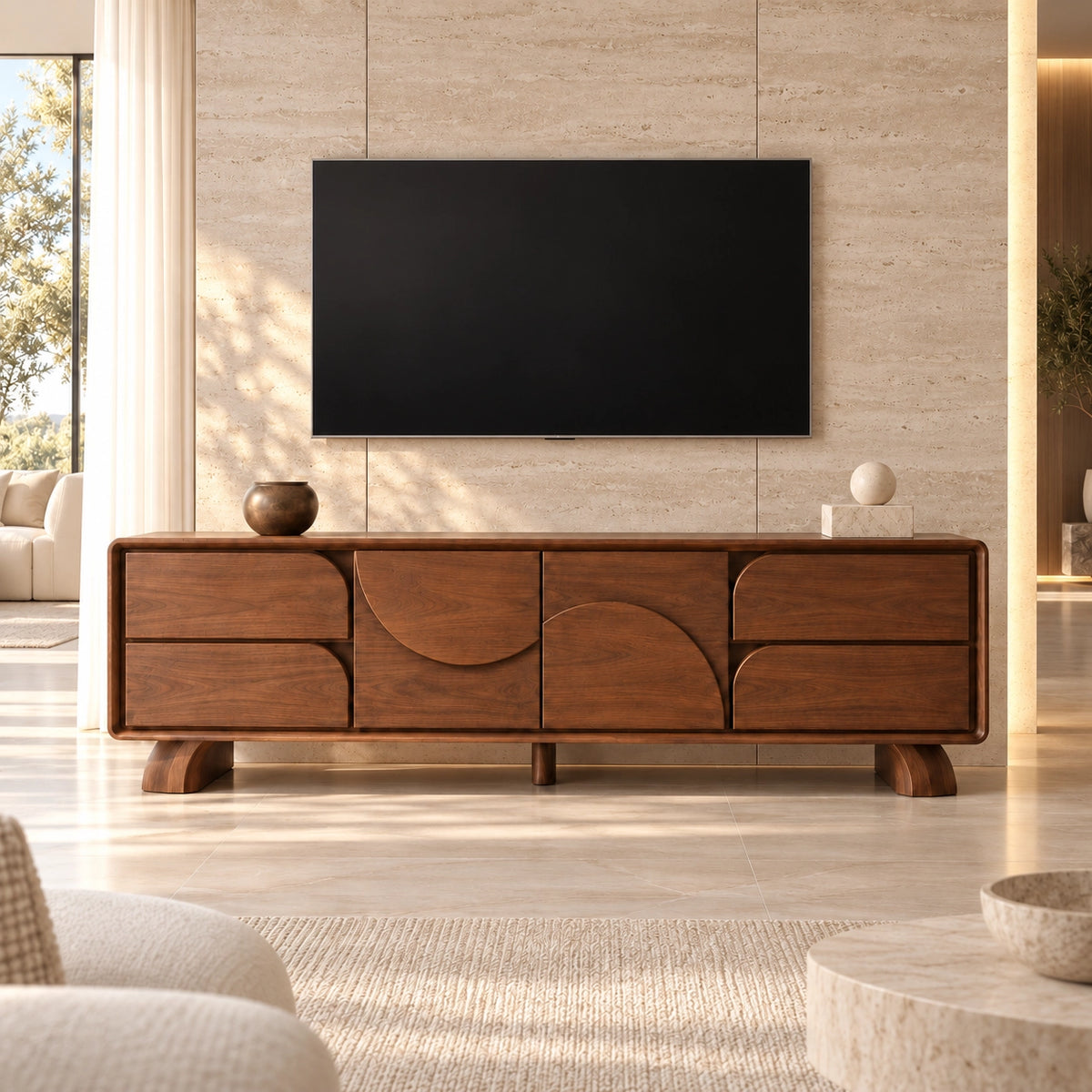 TV Stand with Curved Storage Compartments in Natural Solid Wood for Six Sizes - Rustiracraft - 3