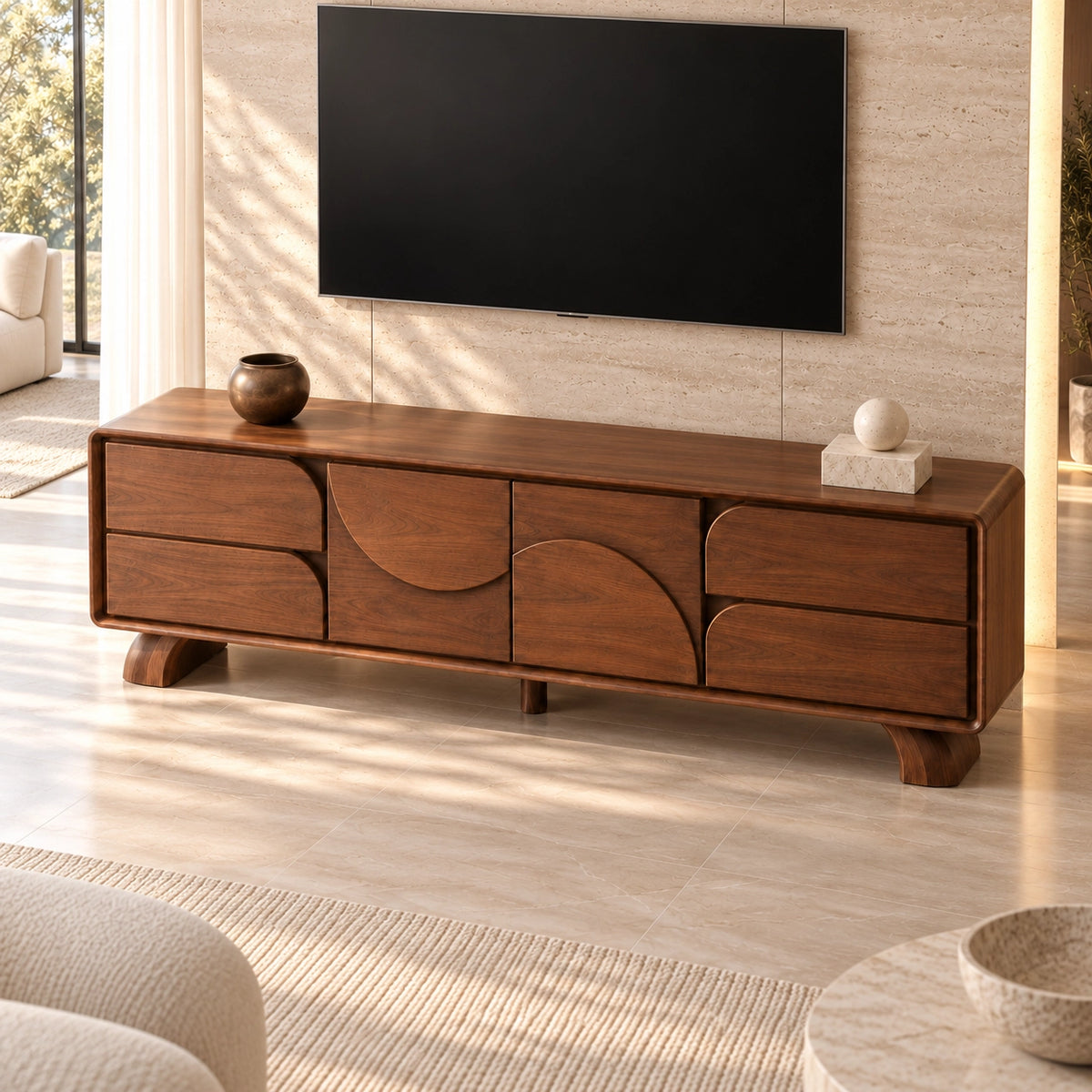 TV Stand with Curved Storage Compartments in Natural Solid Wood for Six Sizes - Rustiracraft - 4