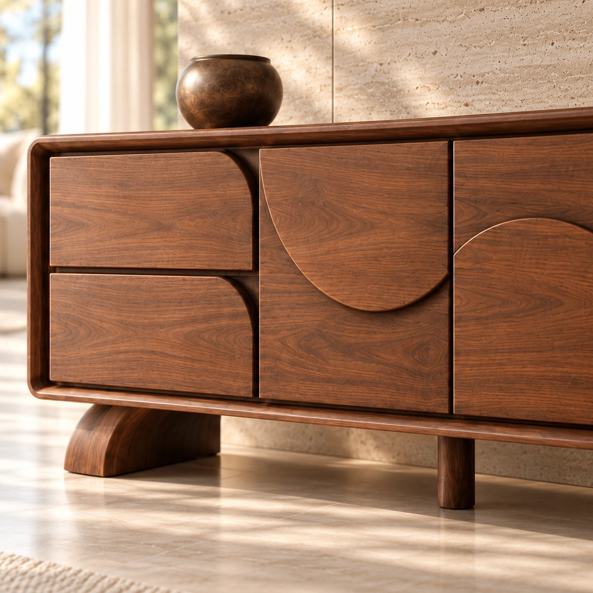 TV Stand with Curved Storage Compartments in Natural Solid Wood for Six Sizes - Rustiracraft - 5