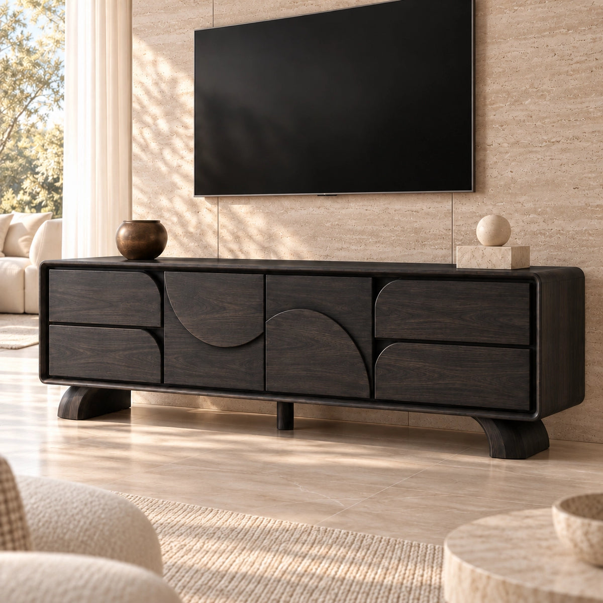 TV Stand with Curved Storage Compartments in Natural Solid Wood for Six Sizes - Rustiracraft - 7