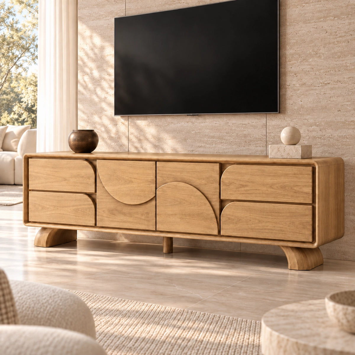 TV Stand with Curved Storage Compartments in Natural Solid Wood for Six Sizes - Rustiracraft - 8
