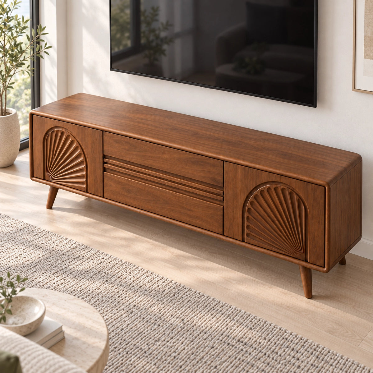 TV Stand with Fan-Carved Doors in Natural Solid Wood for Living Rooms - Rustiracraft - 4