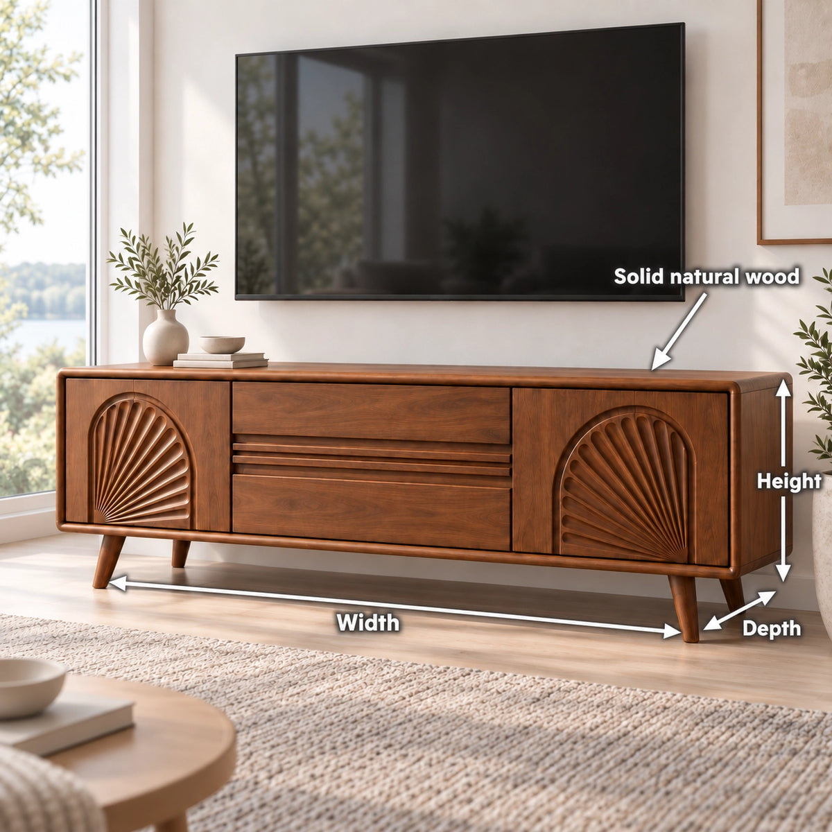 TV Stand with Fan-Carved Doors in Natural Solid Wood for Living Rooms - Rustiracraft - 6
