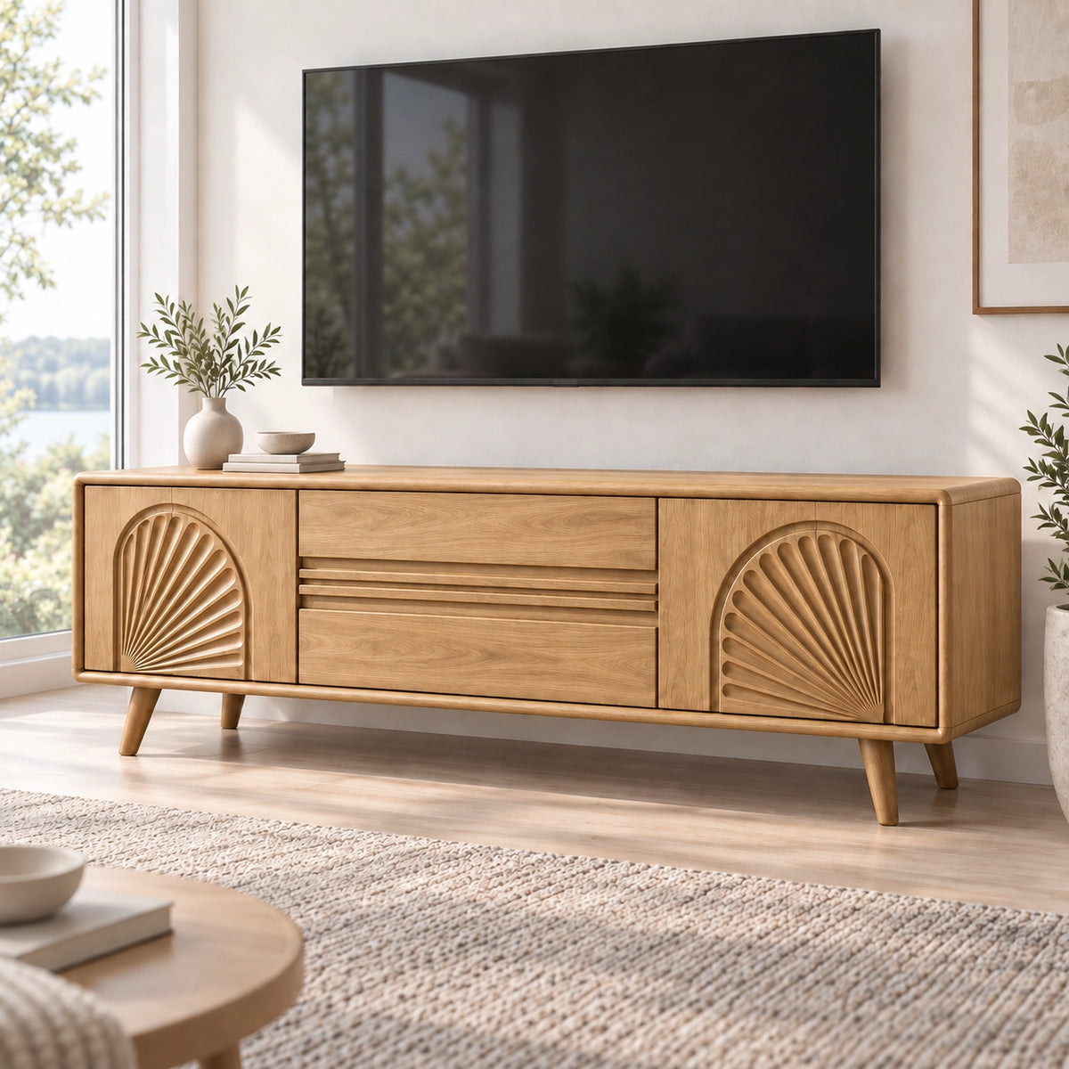 TV Stand with Fan-Carved Doors in Natural Solid Wood for Living Rooms - Rustiracraft - 8