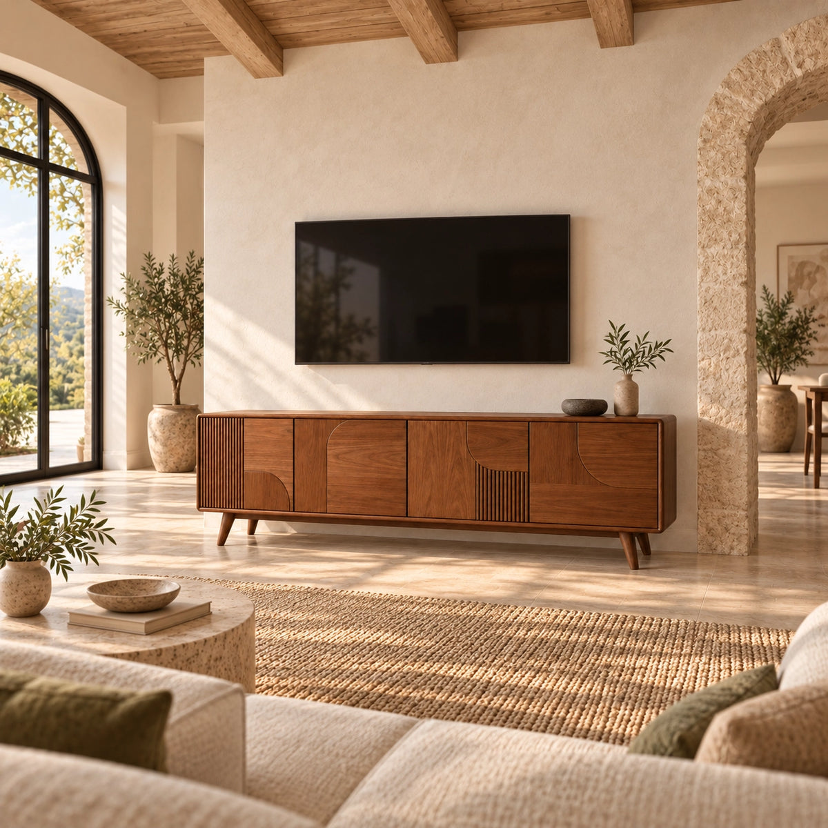 TV Stand with Fluted and Curved Natural Solid Wood Cabinet Doors. - Rustiracraft - 2