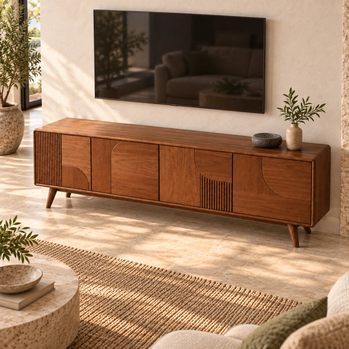 TV Stand with Fluted and Curved Natural Solid Wood Cabinet Doors. - Rustiracraft - 4