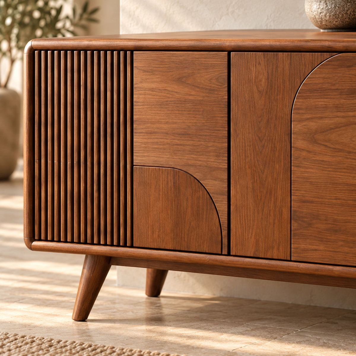 TV Stand with Fluted and Curved Natural Solid Wood Cabinet Doors. - Rustiracraft - 5