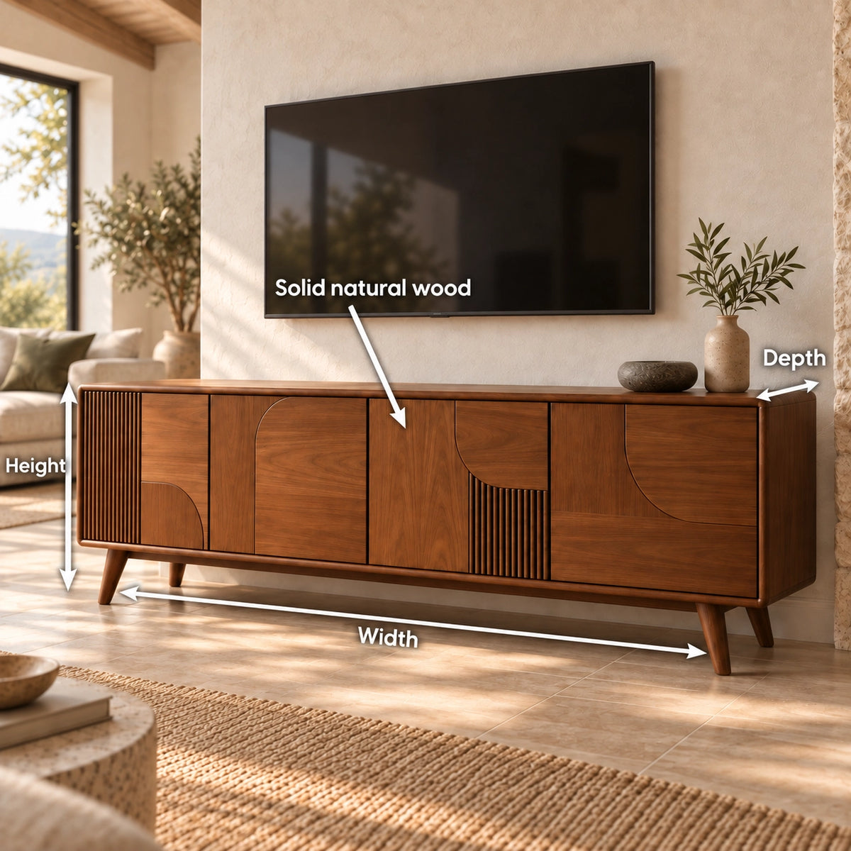 TV Stand with Fluted and Curved Natural Solid Wood Cabinet Doors. - Rustiracraft - 6
