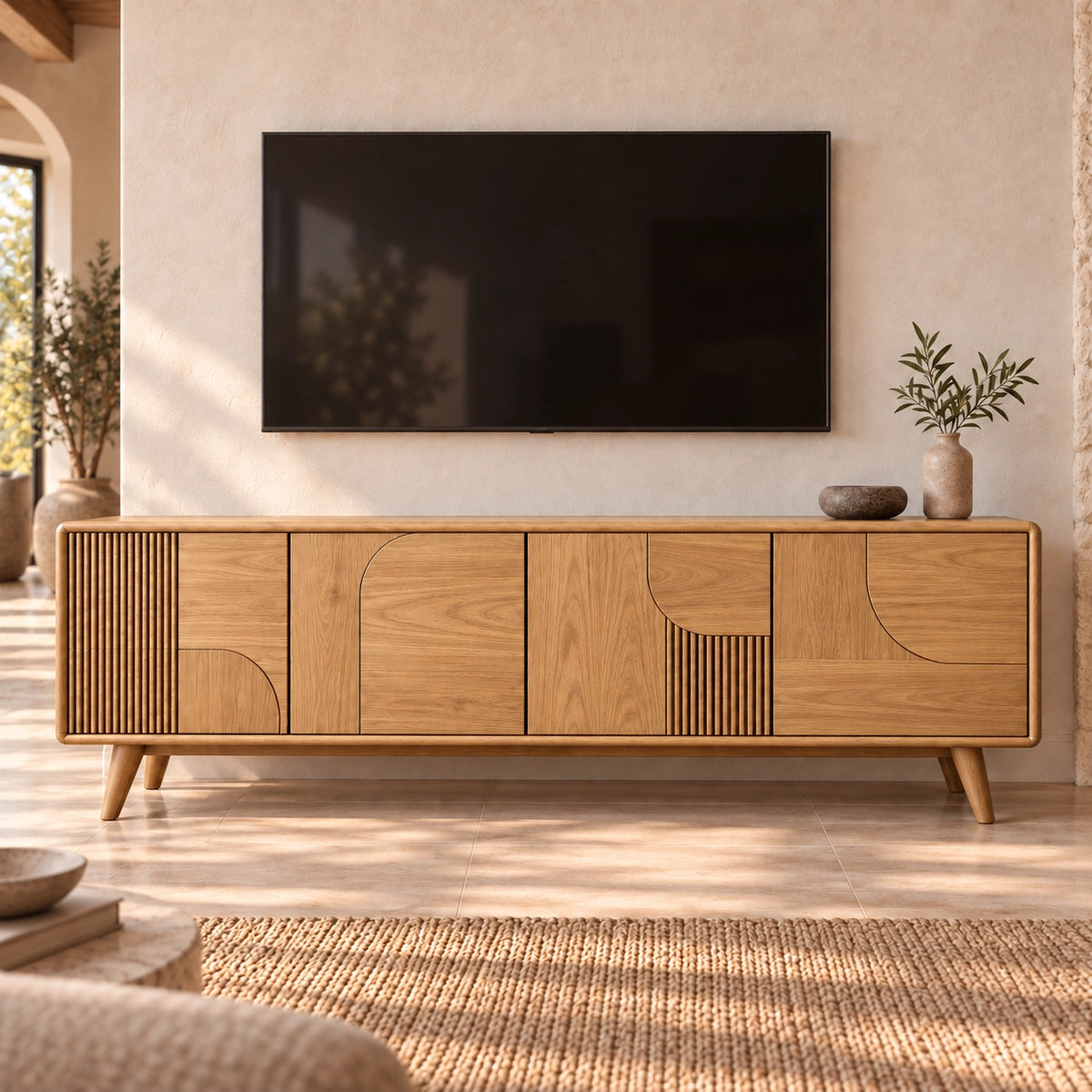 TV Stand with Fluted and Curved Natural Solid Wood Cabinet Doors. - Rustiracraft - 8