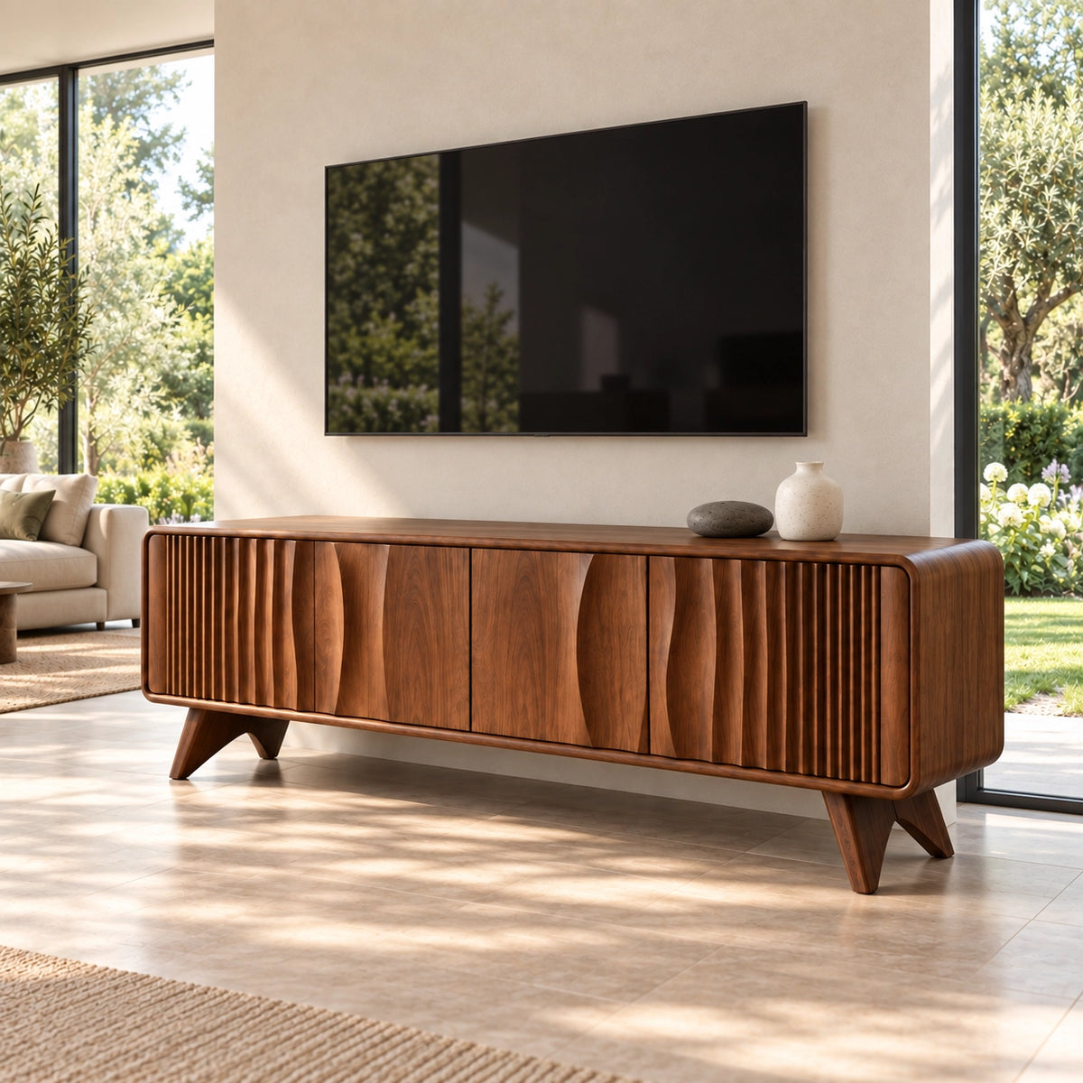 TV Stand with Fluted and Curved Natural Solid Wood Design in Six Sizes - Rustiracraft - 1