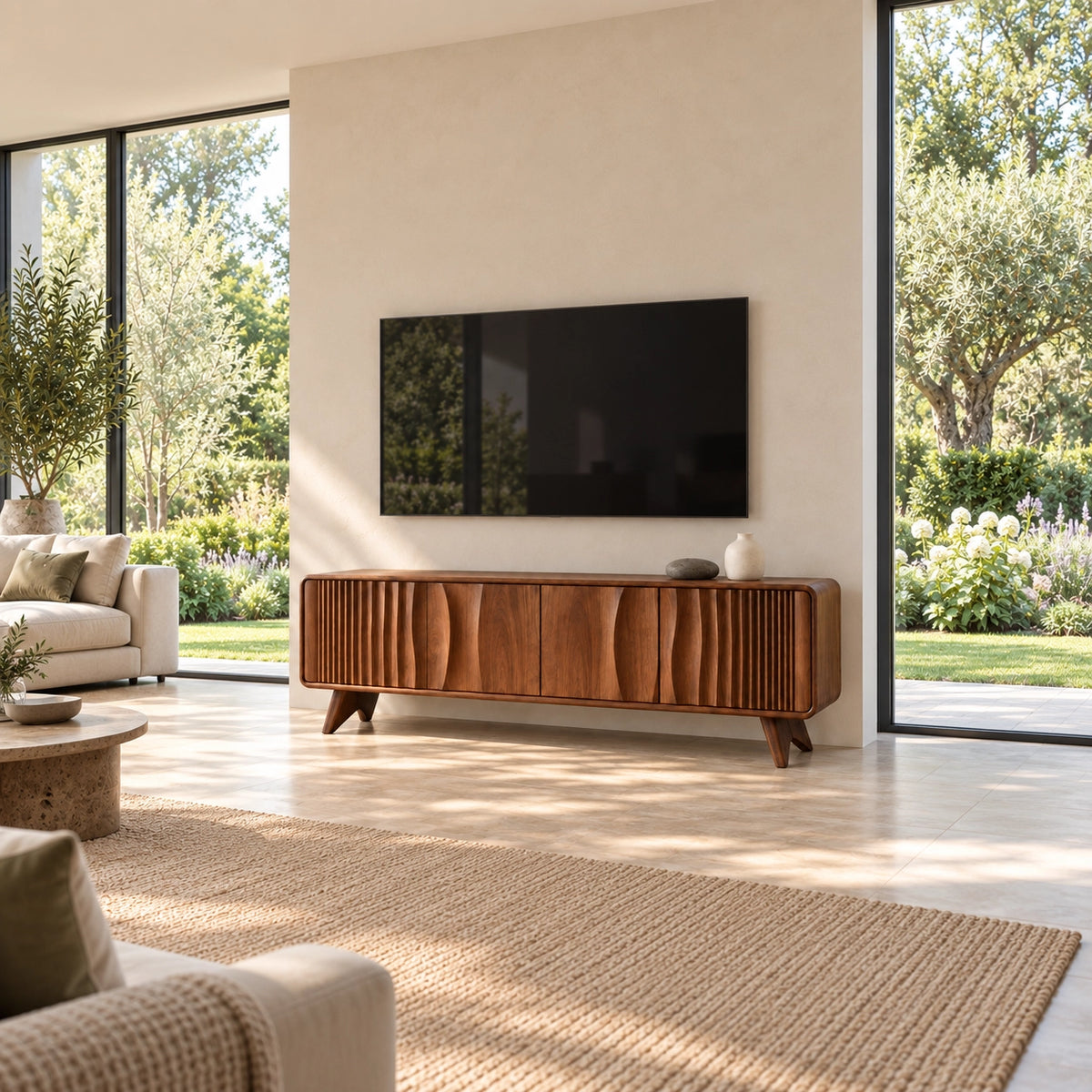 TV Stand with Fluted and Curved Natural Solid Wood Design in Six Sizes - Rustiracraft - 2