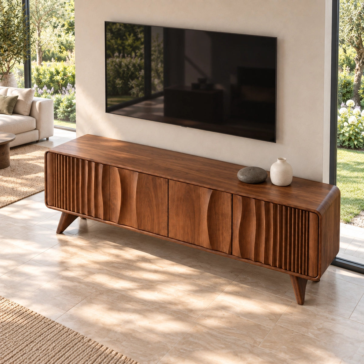 TV Stand with Fluted and Curved Natural Solid Wood Design in Six Sizes - Rustiracraft - 4