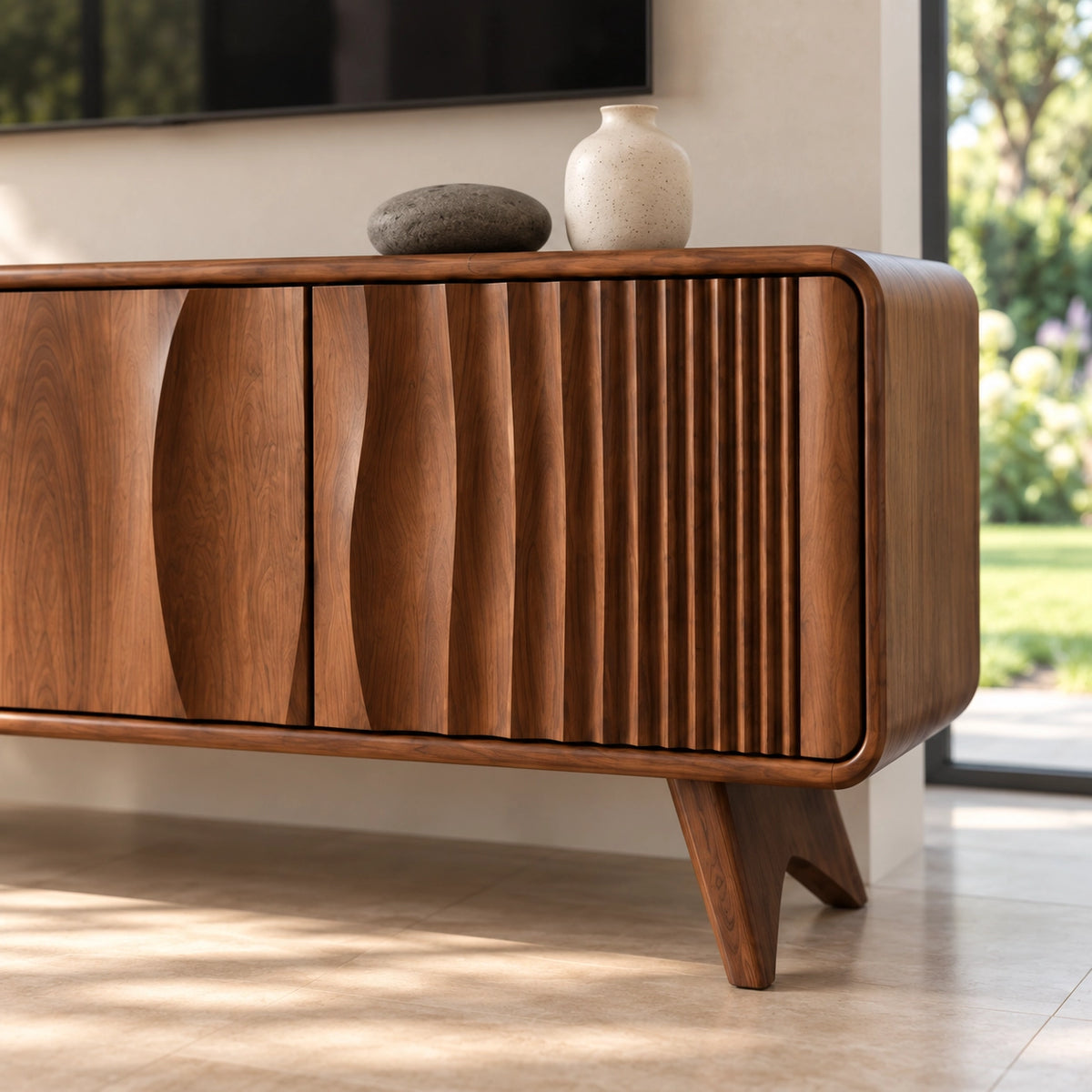 TV Stand with Fluted and Curved Natural Solid Wood Design in Six Sizes - Rustiracraft - 5