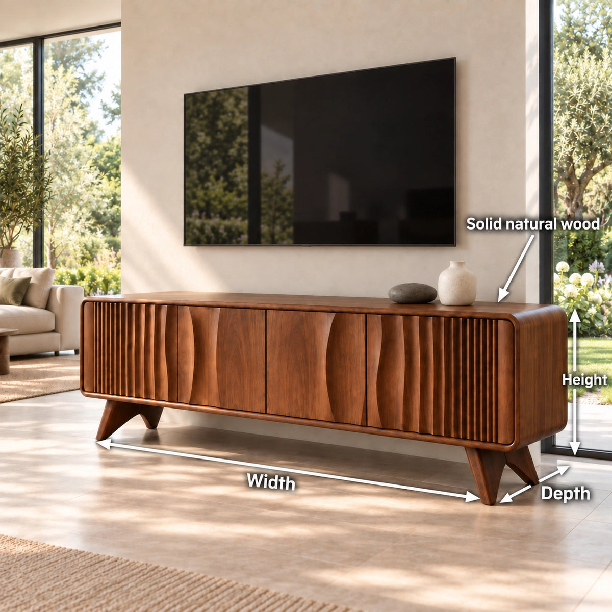 TV Stand with Fluted and Curved Natural Solid Wood Design in Six Sizes - Rustiracraft - 6
